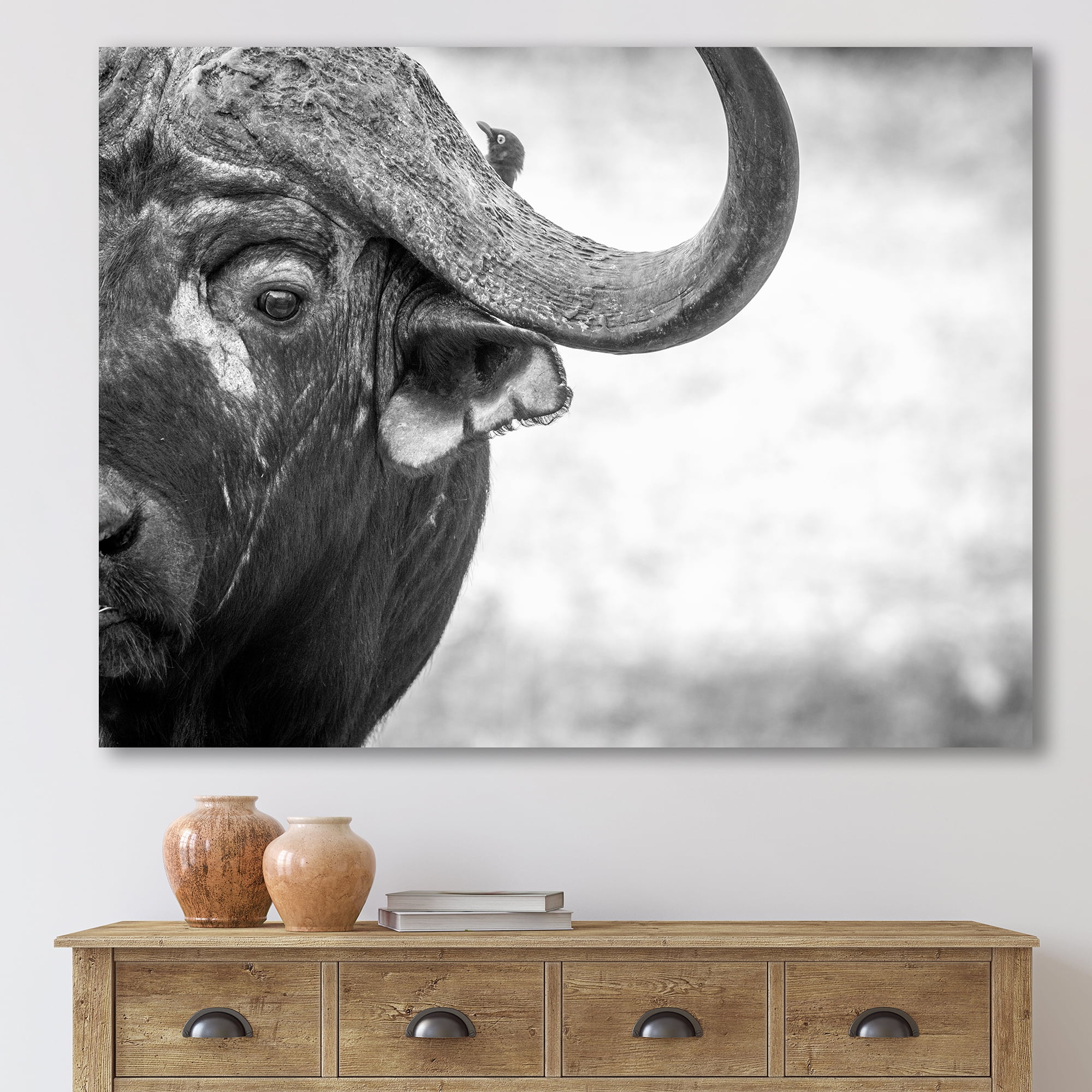 Designart ' Black and White Portrait Of Buffalo III ' Farmhouse Canvas Wall Art Print