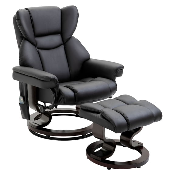 HOMCOM Massage Recliner Chair with Ottoman Footrest 10 Vibration Points 360° Swivel Reclining Chair Faux Leather Living Room Chair with Side Pocket and Remote Control Black