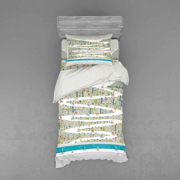 Doodle Duvet Cover Set, Abstract Cartoonish City Fun Panorama with Buildings and Bikers on Swirling Road, Bedding Set with Shams and Fitted Sheet, 3 Sizes, by Ambesonne