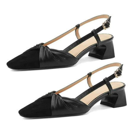 Slingback Kitten Heels Closed Pointed Toe Low Heel Knot Strap Dress Pumps Shoes-Black-39