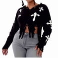 thumbnail image 2 of Women'S Ripped Knitted Cropped Sweater for Party Clubwear with Long Sleeves Black 2 One Size, 2 of 8