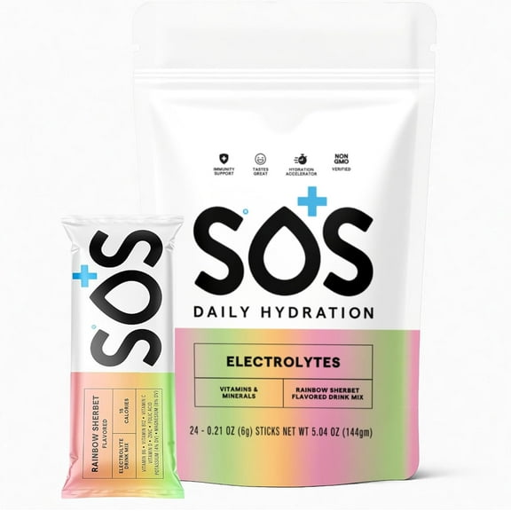 SOS Hydration Electrolyte Drink Mix – 24 Servings, Rainbow Sherbet Flavor, with Essential Vitamins – Low-Calorie, Low Sugar, Keto-Friendly Hydration Supplement