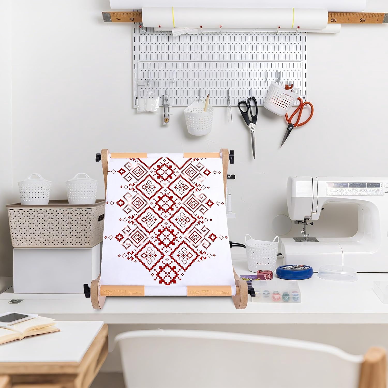 Ebaokuup Adjustable Embroidery Table Stand, Wood Embroidery Hoop Holder, Hands-Free Cross Stitch Scroll Frame Needlepoint Stand for Lap or Table Top Stitching Sewing Supplies Craft Tool