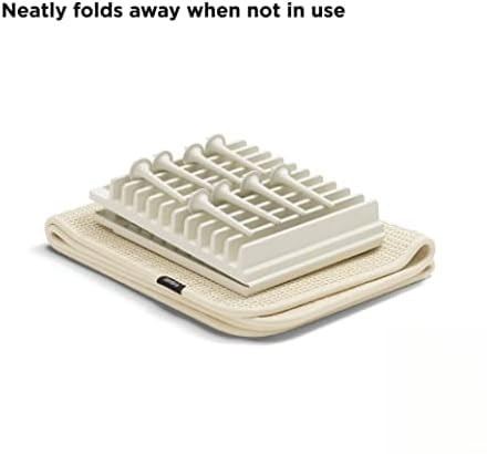 Udry Dish Rack with Movable Pegs and Microfiber Drying Mat – Space-Saving Design Folds Up for Easy Storage, Basic Rack, Linen