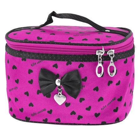 Download Ladies Heart Print Zipper Closure Black Fuchsia Cosmetic ...