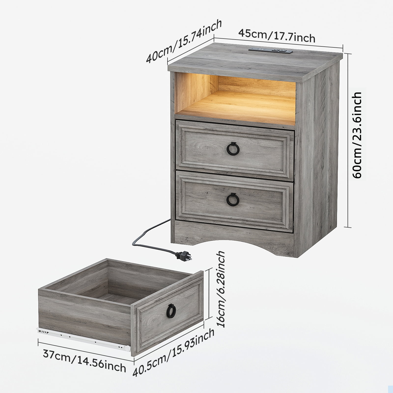 Holliwill Nightstand Set of 2 with Outlets & USB Ports & LED Lights, Modern Farmhouse Bedside Tables with 2 Drawer, Bed Side Tables End Table for Bedroom, Living Room, Gray