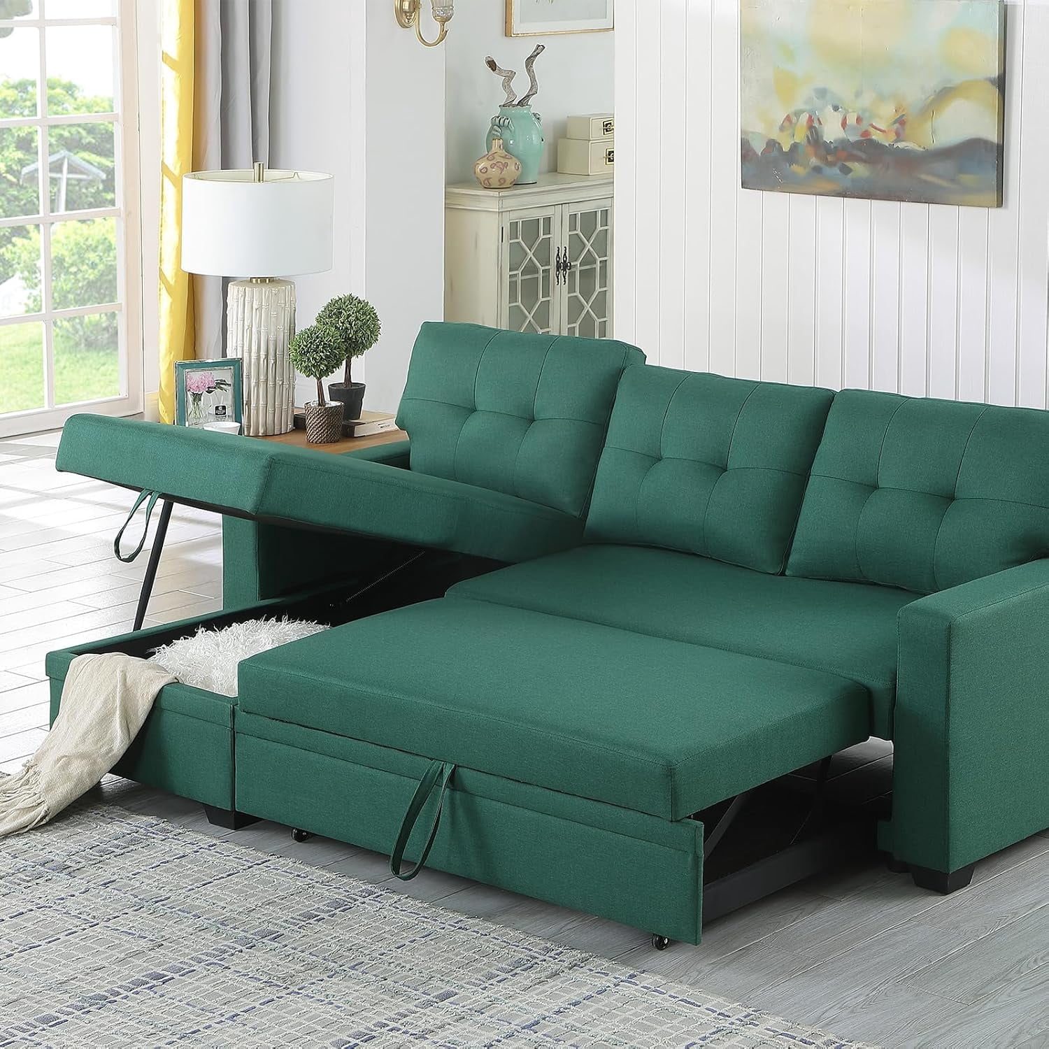 Howcool 82" Convertible Sleeper Sofa Bed, Pull-Out Couch with Reversible Storage Chaise, L-Shaped Sectional Couch with USB Charging, Linen Fabric Sofa for Small Living Room Apartment,Green
