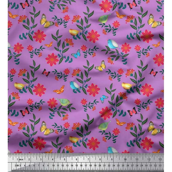 Soimoi Purple Cotton Duck Fabric Insect,Bird & Floral Artistic Print Fabric by The Yard 42 Inch Wide