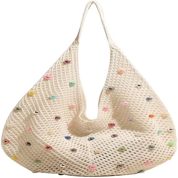 GASTROPOD Crochet Tote Bag for Women Slouchy Crescent Shoulder Bag Mesh Knitting Beach Bag with Colored Beads Travel Boho Purse