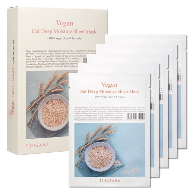 TINAZANA Mascarilla de humedad profunda de avena vegana - 0.84 oz (25 ml) - Fórmula calmante e hidratante para piel sensible con extracto de arroz y avena Hoja de microfibra Green EWG