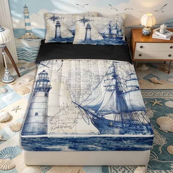 Erosebridal Vintage Sea Lighthouse Pattern Zipper Twin Comforter Sets with Fitted Sheet and 2 Pillowcases,Nautical Map Print Zipper Bedding Set,Navy Blue,Black Reversible