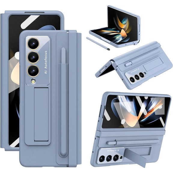 Z Fold 4 Case - Full Protection, S Pen Holder, with Kickstand and Screen Protector, One-Piece Housing Leather PC Cover for Samsung Galaxy Z Fold 4 5G (Blue)