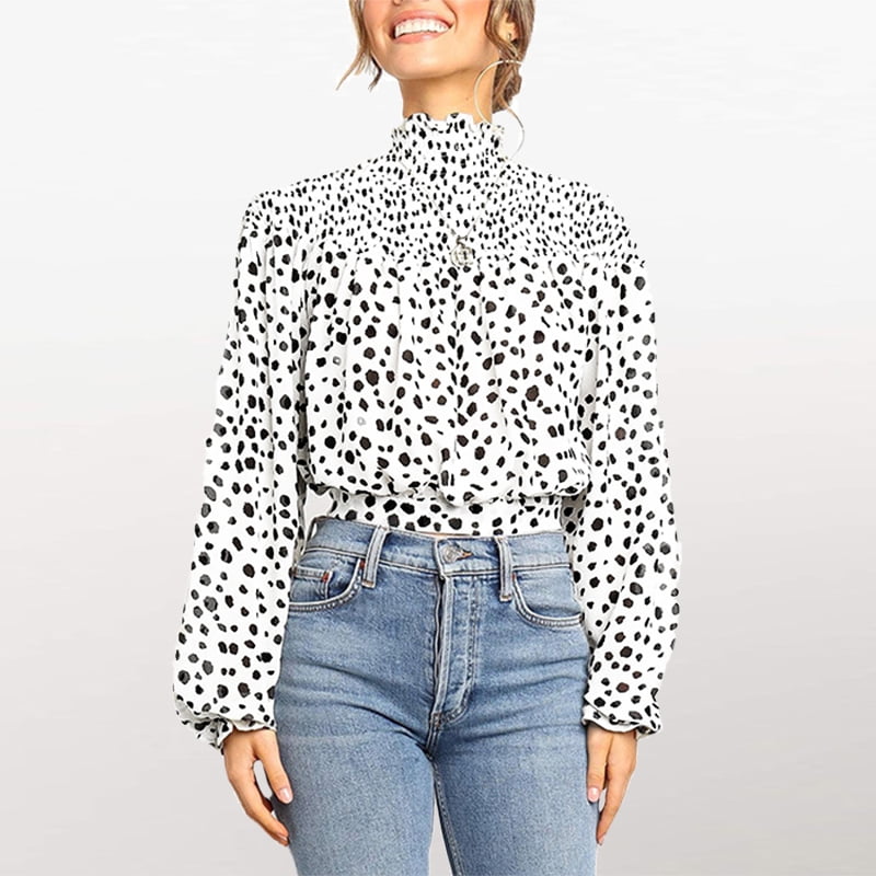 Womens OL High Neck Shirt Tops Long Lantern Sleeve Polka Dot/Floral Print Blouse Womens OL High Neck Shirt Tops Long Lantern Sleeve Polka Dot/Floral Print Blouse
