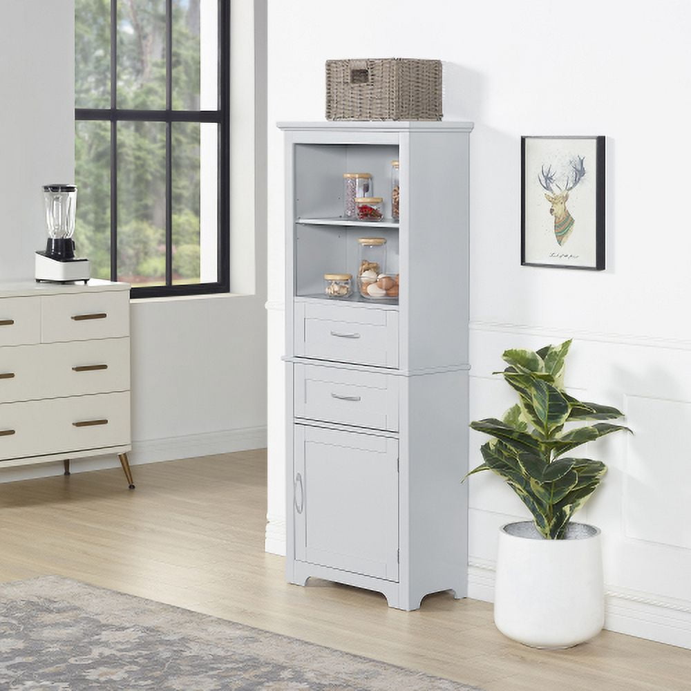Bathroom Storage Cabinet, Freestanding Cupboard with 1 Door and Open Shelves, Modern Floor Cabinet with 2 Drawers for Home, Office, Black