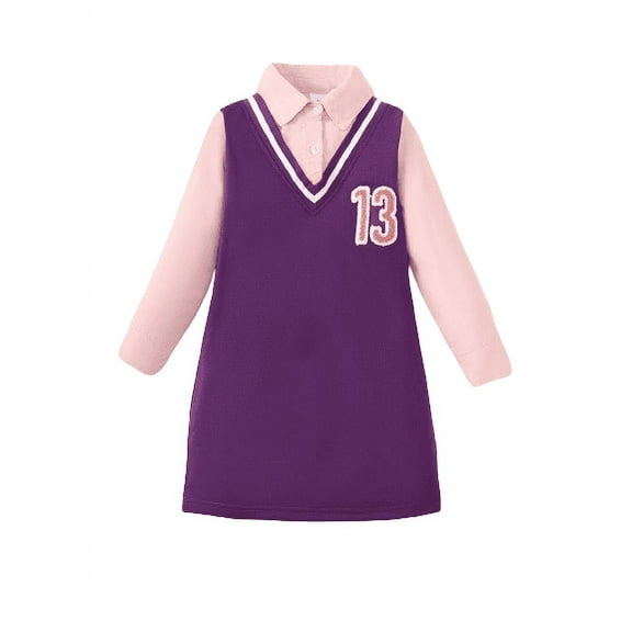 Mikrdoo 3T Toddler Baby Girls Dress "13" Number Print Fake Two Pieces Turn-down Collar Dress One Piece Casual Dress 3-4 Years Purple