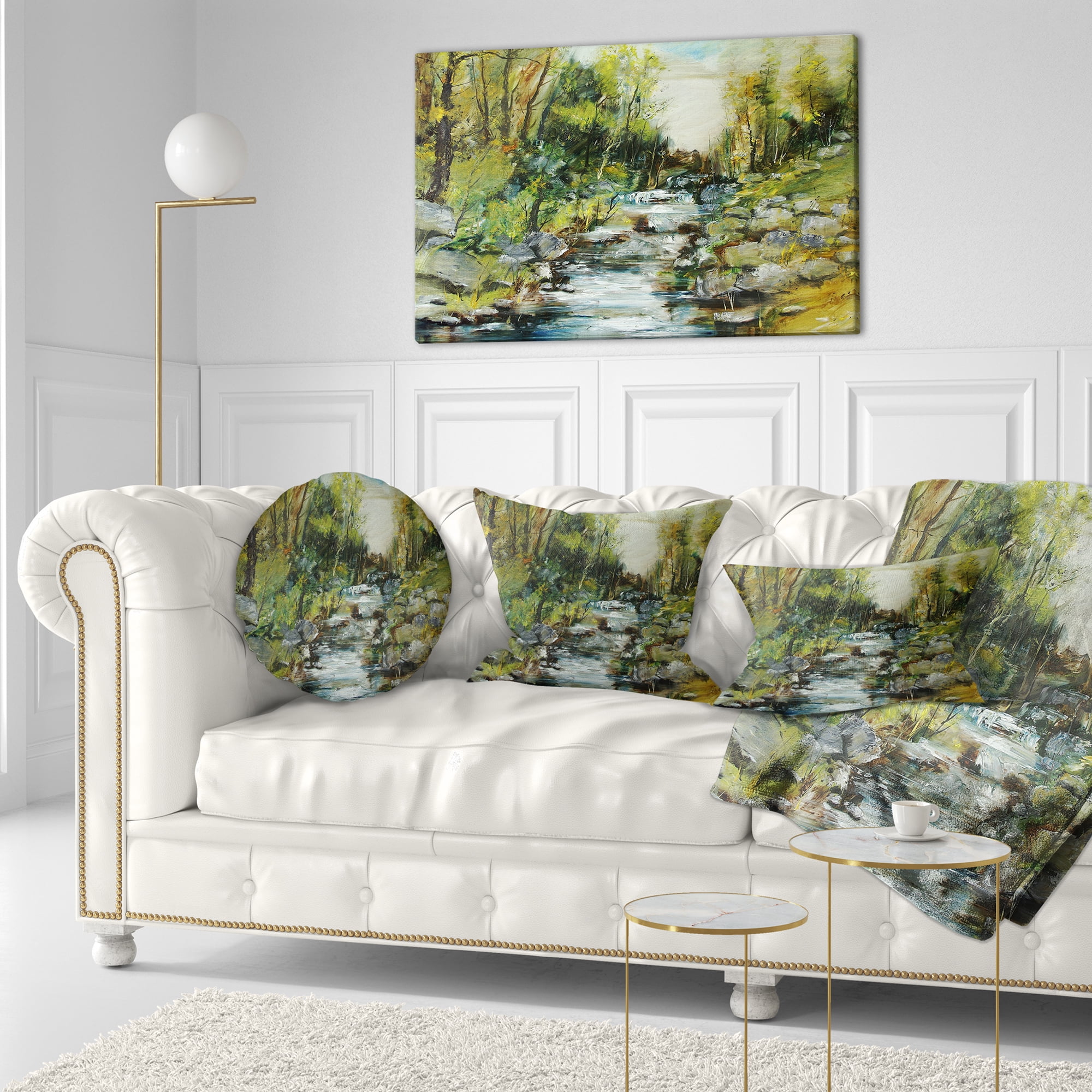 Designart Rocky Terrain with Creek - Landscape Painting Throw Pillow - 12x20