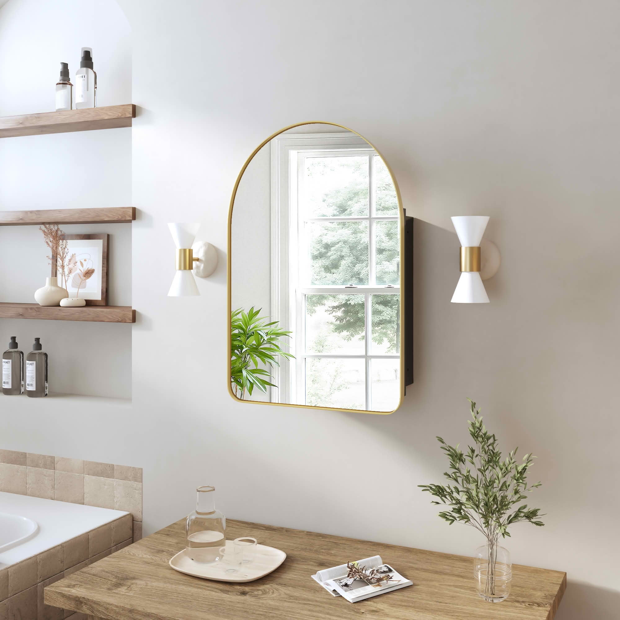 MAYEERTY 24x16x5 Inch Gold Metal Round Corner Arched Medicine Cabinet for Bathroom