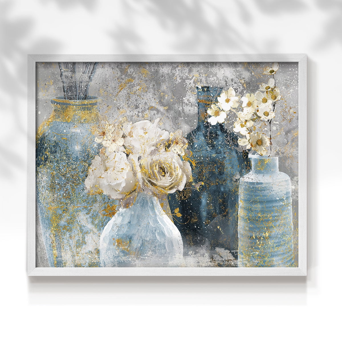 Vessels and Blooms Blues by Nan - Restickable Framed Giclée Print