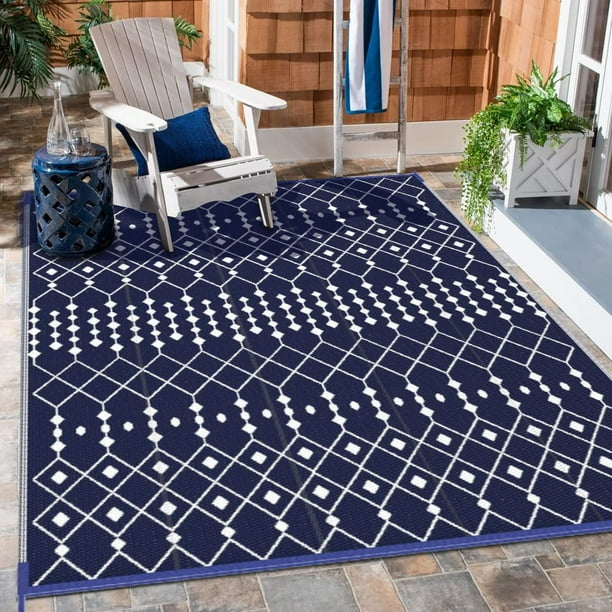 GENIMO Patio Outdoor Rug Plastic Reversible Area Rugs Clearance Waterproof, Blue & White, 6'x9
