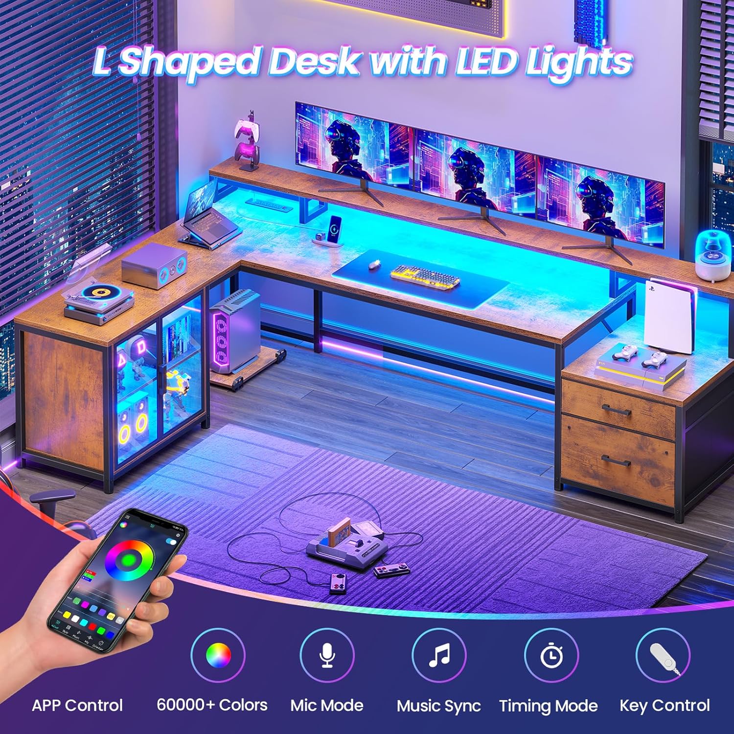 SEDETA L Shaped Desk with Storage, 78 Inch Home Office Desk with Drawers and Cabinets, Corner Computer Desk with Power Outlet & LED Light, Large Computer Desk with Movable CPU Stand, Rustic Brown