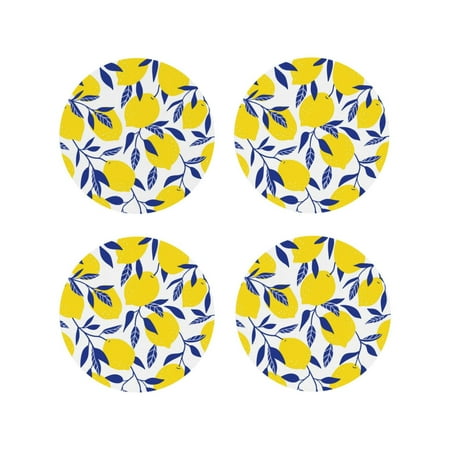 

Picia Tropical Lemon Printed Leather Coasters for Drinks 4 Drink Coasters Set of 4 for Tabletop Protection Handmade Luxurious Home Décor and Housewarming Gift -Round Shape