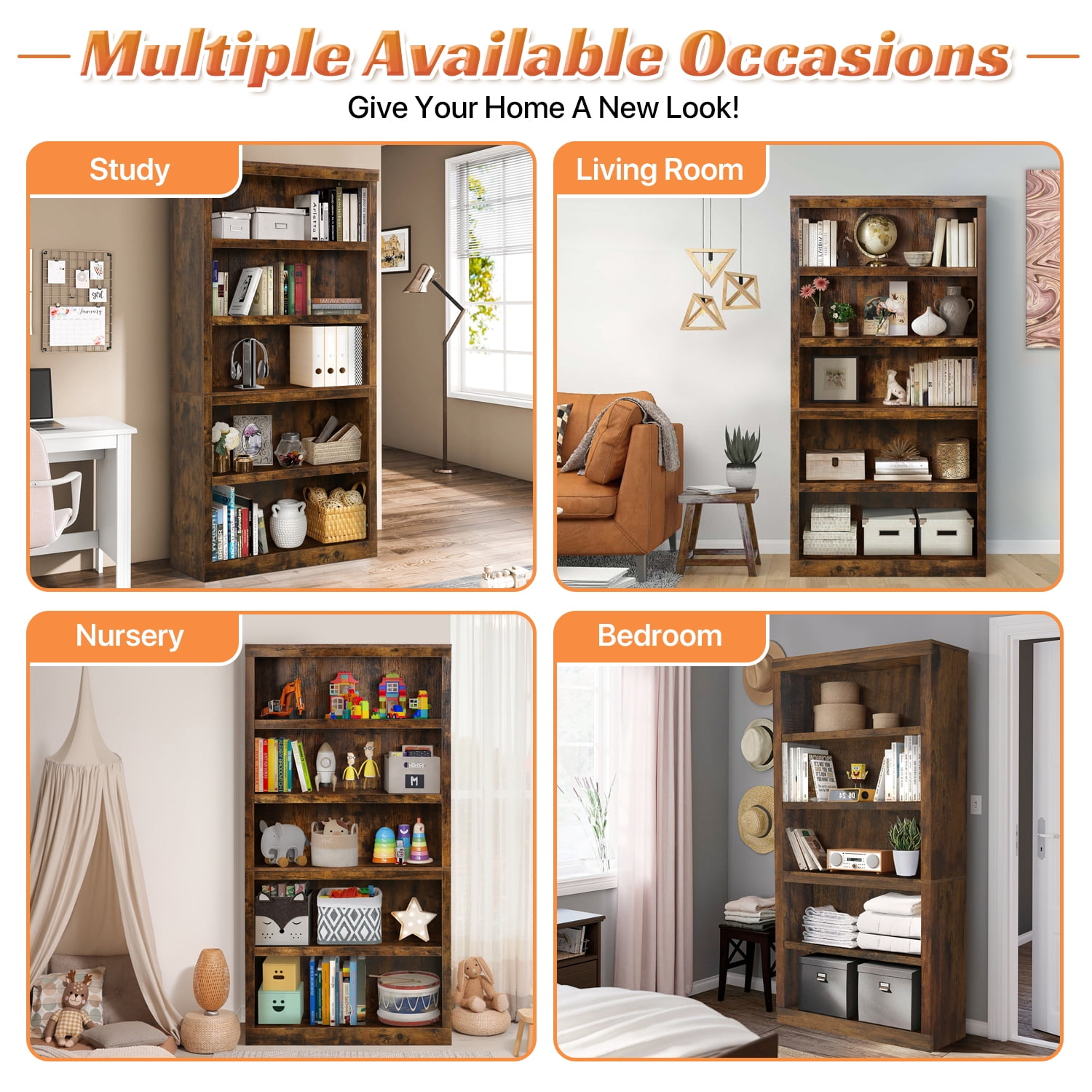 69.9" Tall Bookcase, 5-Tier Bookshelf Wood Bookshelves for Home Living Room Office, Brown