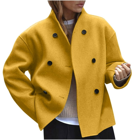HTNBO Wool Coats for Women Winter Fall V Neck Long Sleeve Bouble Breasted Wool Blazer Jackets Casual Trench Coats
