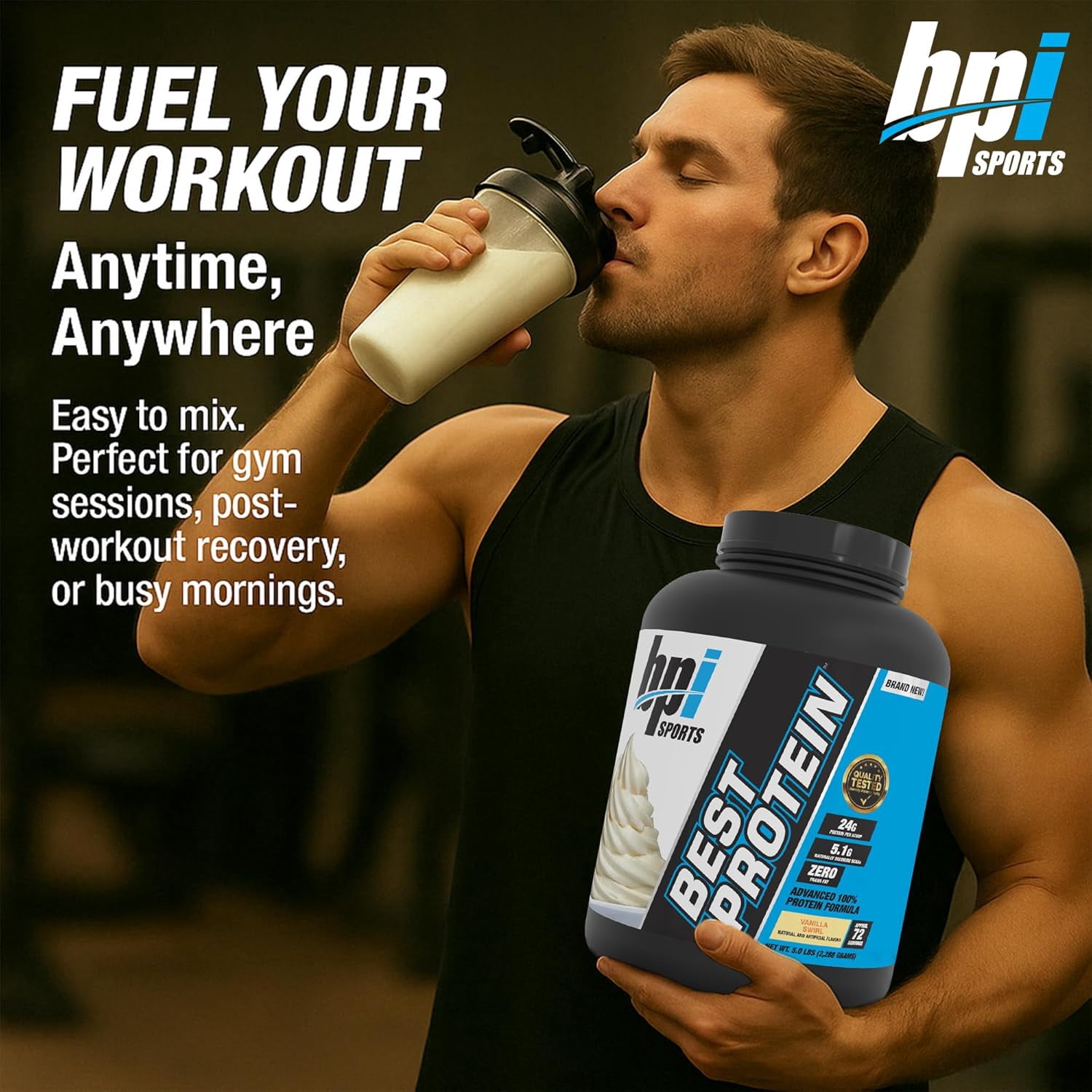 BPI Sports Best Protein Powder, 100% Whey Blend for Muscle Growth & Recovery, Vanilla Swirl, 5 lbs (72 Servings)