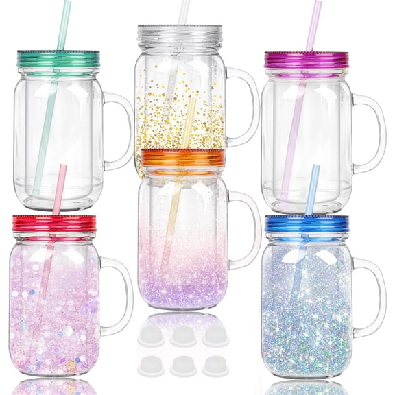 20 Oz Plastic Double Wall Snow Globe Tumbler, 6 Pack Acrylic Mason Jar Snowglobe Tumbler with Pre Drilled Hole and Plug, Snow Globe Mason Cups with Handle, Multicolor