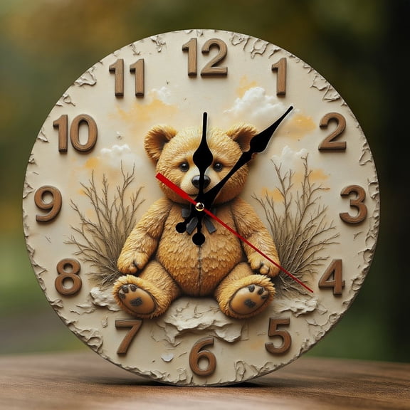 Wall Clock Decorative - Cute Beige Bear Print 2D Vintage Wall Clocks Battery Operated Silent Non-Ticking for Bedroom, Living Room, Kitchen, Office, Classroom, 10 Inch