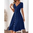 thumbnail image 3 of Navy Blue V-Neck Short Sleeve Fit & Flare Midi Dress With Gold-Tone Button Front, 3 of 7