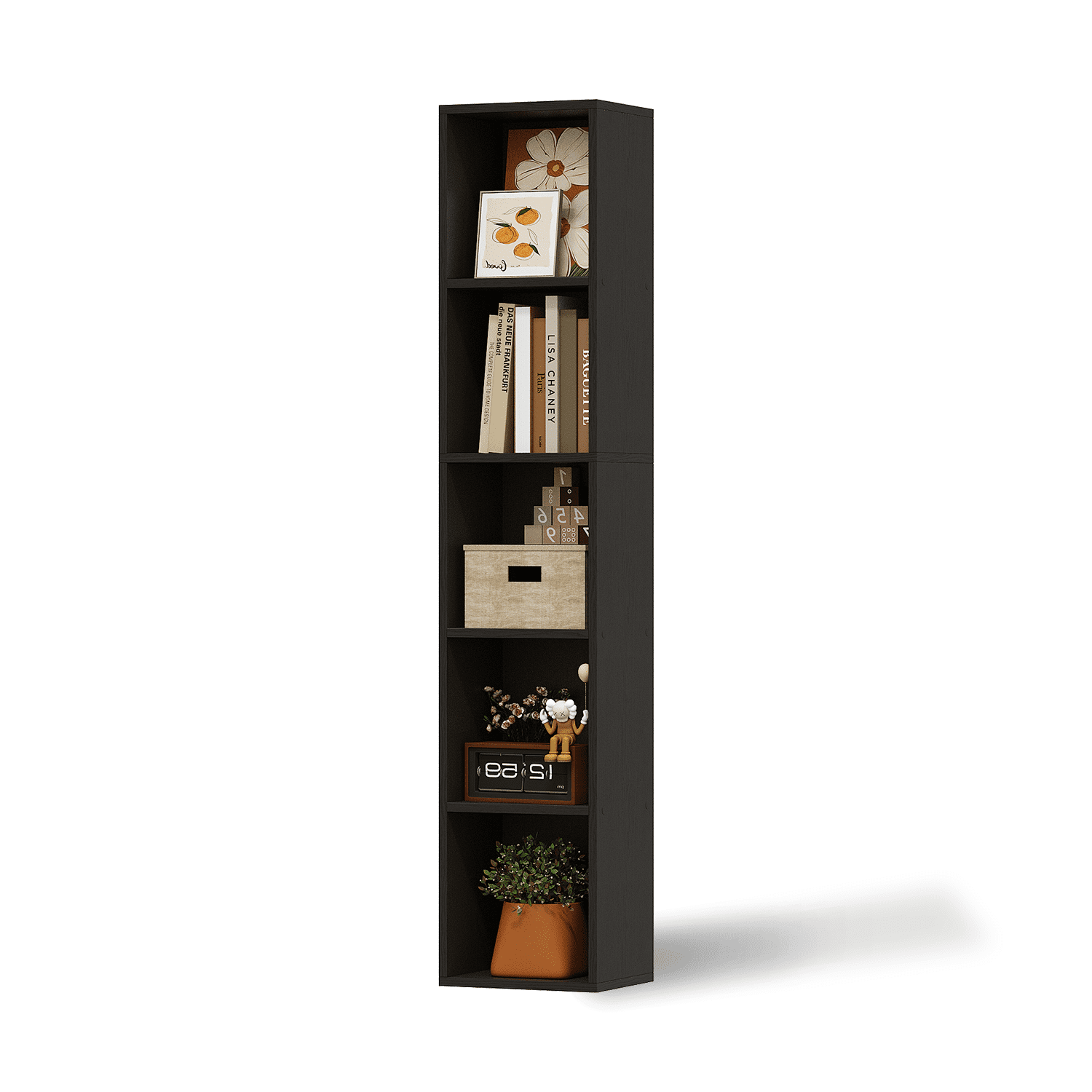 Bapipro Tall Narrow Bookshelf, 5-Tier Cube Display Rack, Modern Corner Bookshelf with Storage Space, Storage Cabinet for Home Office (Black 1 Pack)
