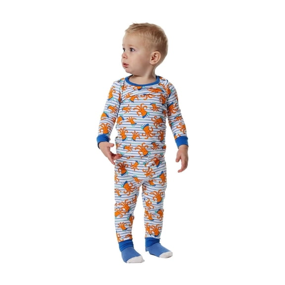 Sleep On It Infant Boys 2-Piece Super Soft Jersey Snug-Fit Pajama Set with Matching Socks - Sea Ya! Octopus - White, 12M