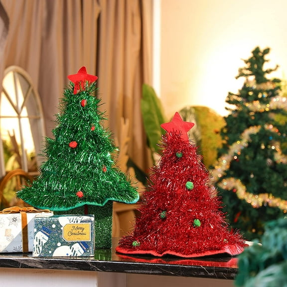 2 Pieces Christmas Hats Christmas Tree Tinsel Hats Xmas Tree Hat Costume Accessories Red Green Glitter Christmas Hats for Christmas Costume Adults and Kids