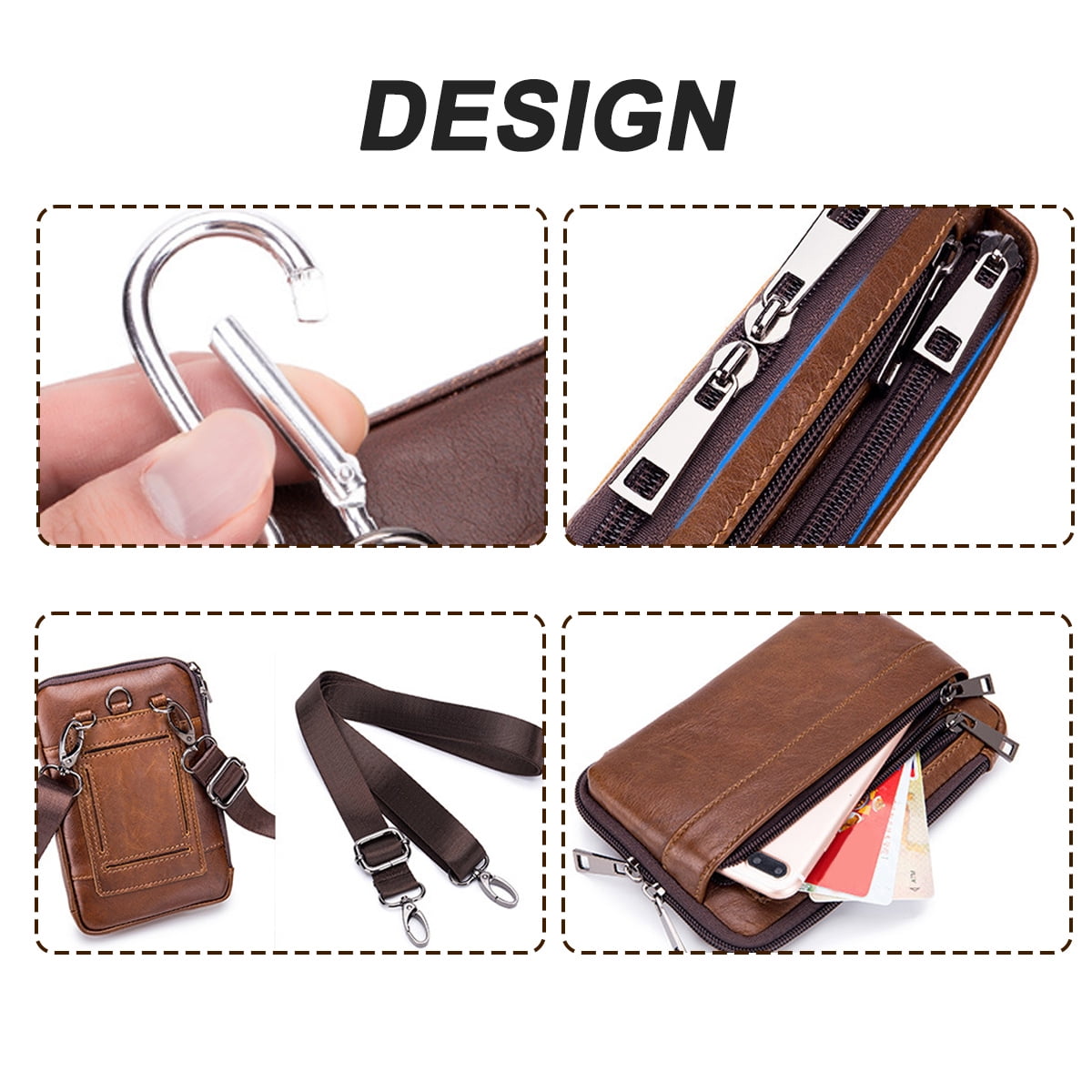 Leather Phone Holster, Genuine Buffalo Leather Cell Phone Holsters, Durable Leather Phone Belt Holder Horizontal and Vertical Multi-functional Waist Pack for Smartphones-Brown