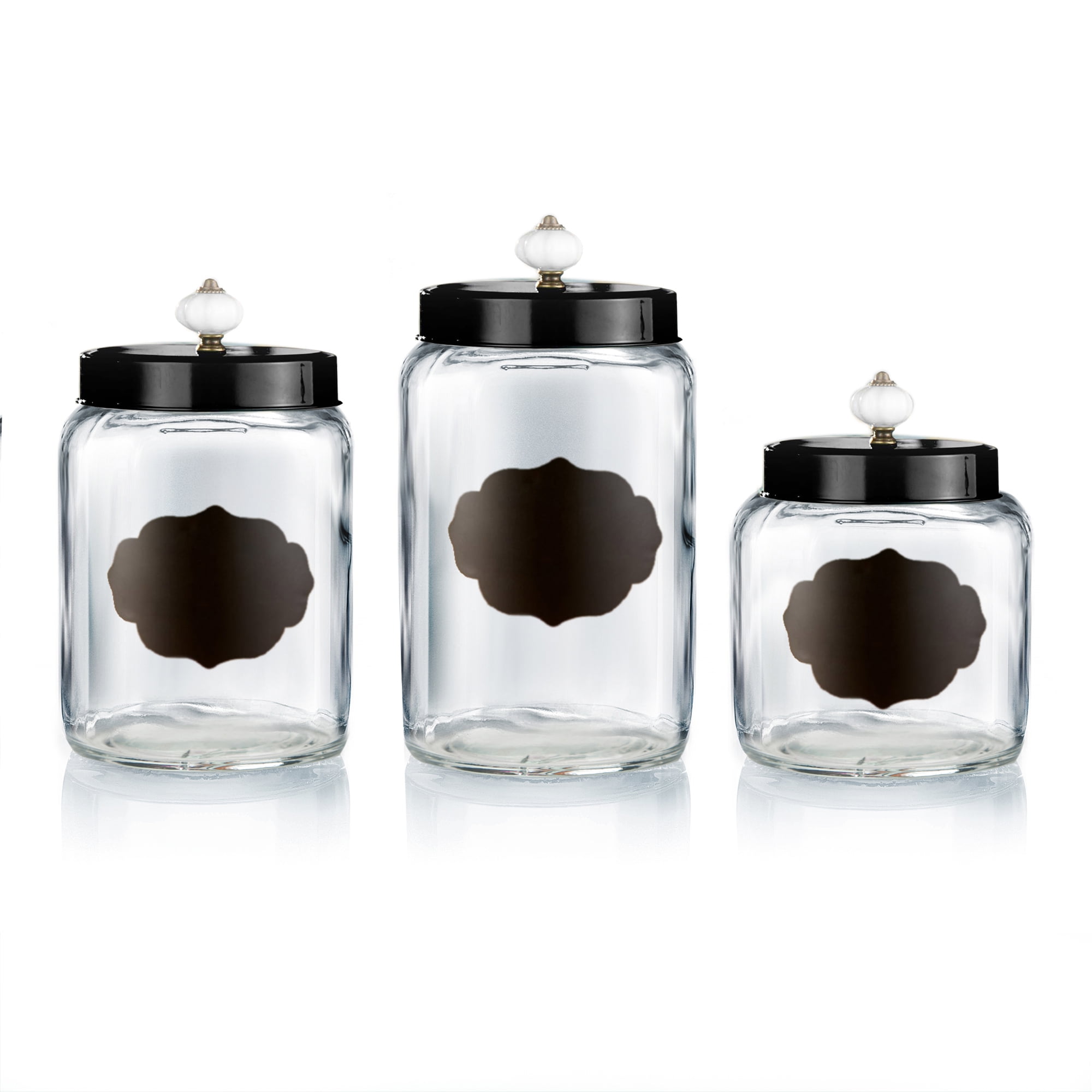 GLASS CANISTERS W/BLACK LIDS SET/3