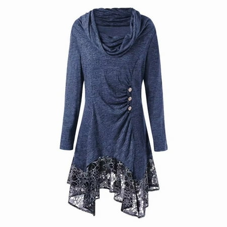 - Women Autumn Winter Casual Long Sleeve Cowl Neck Slim Fit Asymmetrical Lace Irregular Hem Dress, Blue