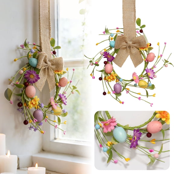 Artificial Easter Wreath with Bow & Easter Eggs, Retro Floral Spring Wreath for Front Door, Wall, Mantel, Ready to Hang Festive Decor, Indoors Outdoors Use, 10.6"
