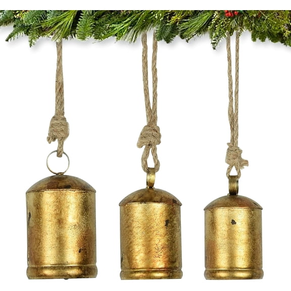 Christmas Bells for Decorations, Rustic Christmas Decor Vintage Style, Brass Shabby Chic Hanging Decoration Set of 3