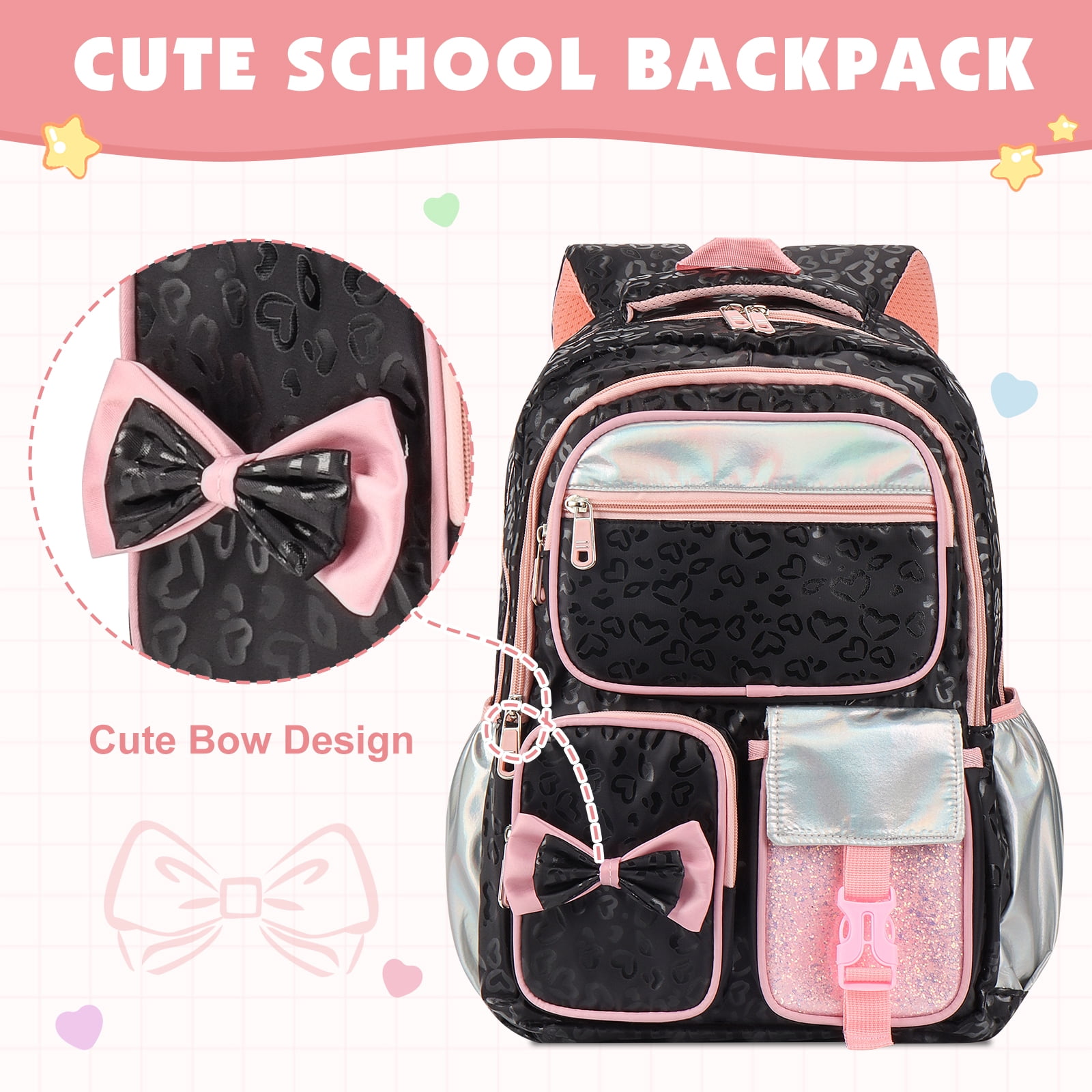 DAKIMOE School Backpack for Teens Cute Girlish Middle High School Bookbag Large Capacity Lightweight Waterproof Daypack for College Students, Black and Pink