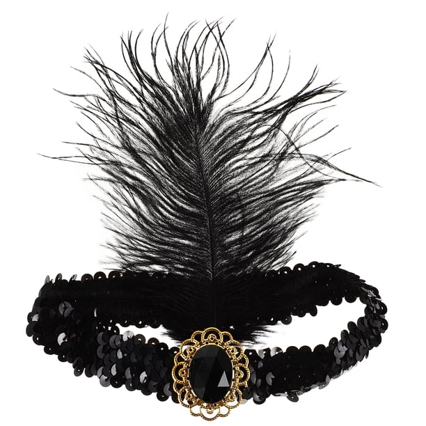 Diadema estilo años 20 estilo charlestón con plumas y lentejuelas, accesorio para el pelo del Gran Gatsby, accesorio para disfraz de los años 20, color negro