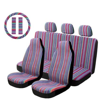 Copap Purple Stripe Car Seat Cover Multi-Color Baja Saddle Blanket Universal 10pc Seat Covers Full Set with 15” Steering Wheel Cover & Seat Belt Protectors for Sedan