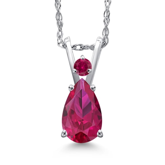Gem Stone King 14K White Gold Red Created Ruby Pendant Necklace for Women | 1.05 Cttw | Gemstone July Birthstone | Pear Shape 7X5MM | With 18 inch Chain