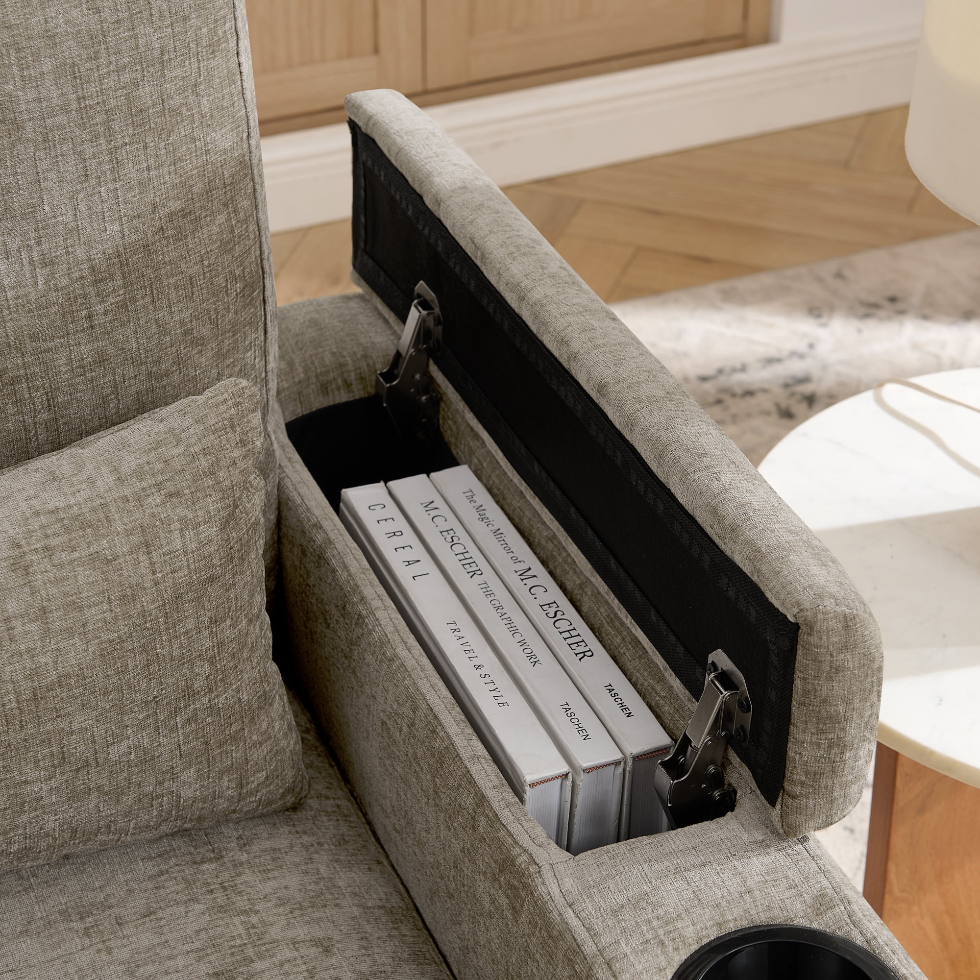 Recliner Chair with Adjustable Backrest, Cup Holders, USB Charging Port, Phone Stand, Arm Storage and Storage Ottoman