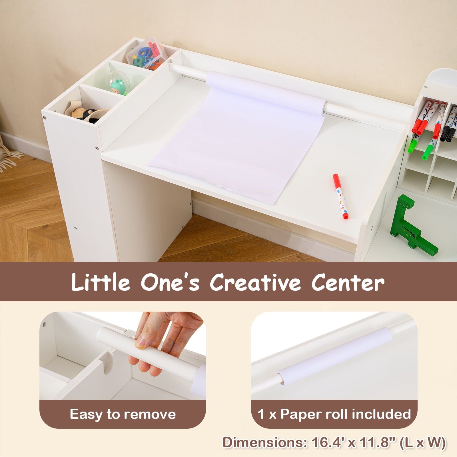 Gymax Kids Art Table & Chair Set w/Detachable Paper Roll Holder & Cubby Cabinet Drawer White