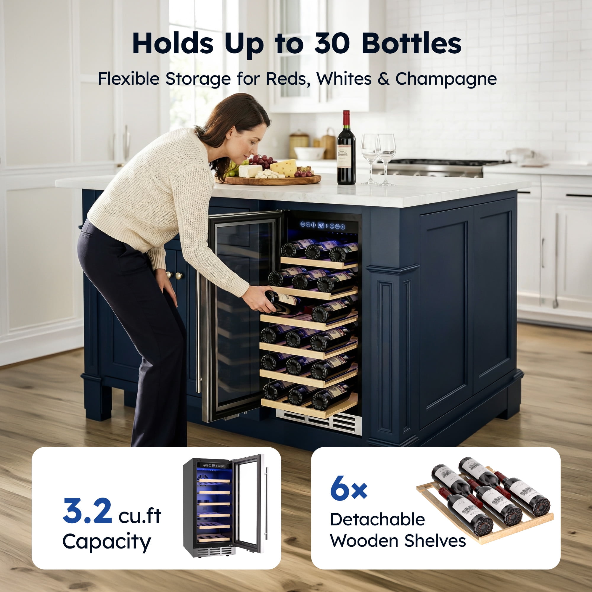 Simzlife 15 Inch Under-counter Refrigerators, Single Zone Wine Fridge, Wine Refrigerator Digital Temperature Control, Freestanding Wine Chiller with Removable Shelves