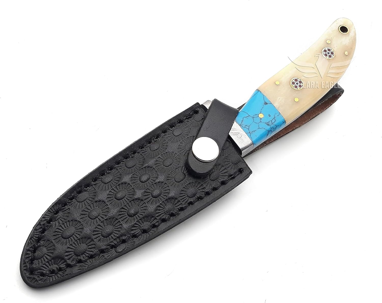 Handmade Damascus Steel Hunting Knife with Cowhide Leather Sheath – Turquoise & Camel Bone Handle - Ideal for Hunting, Camping, Outdoor – Gift for Husband, Father’s Day