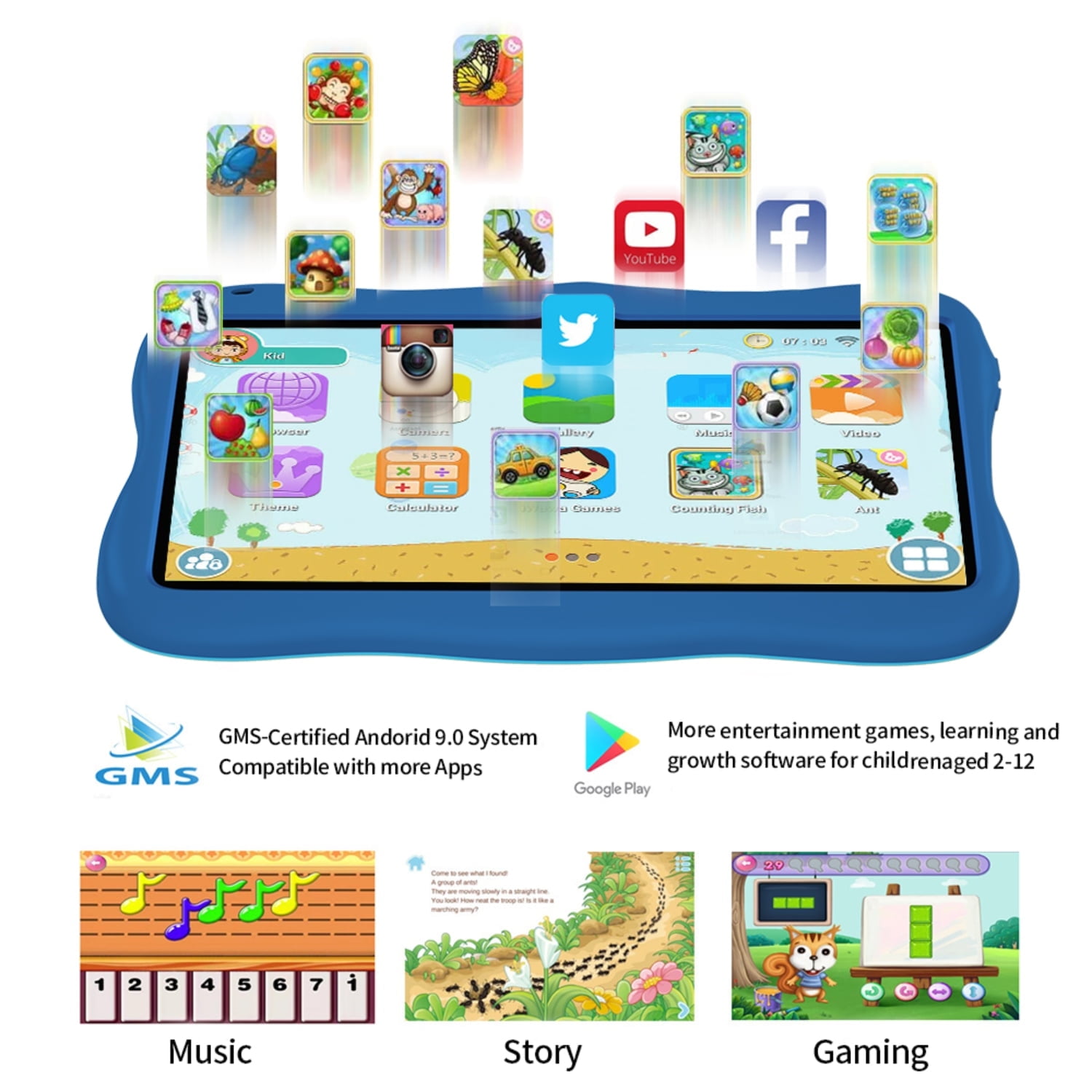Kids Tablet,Android Toddler Tablet, 128GB Storage, Dual Camera, Shockproof Case, Parental Control Tablets Support
