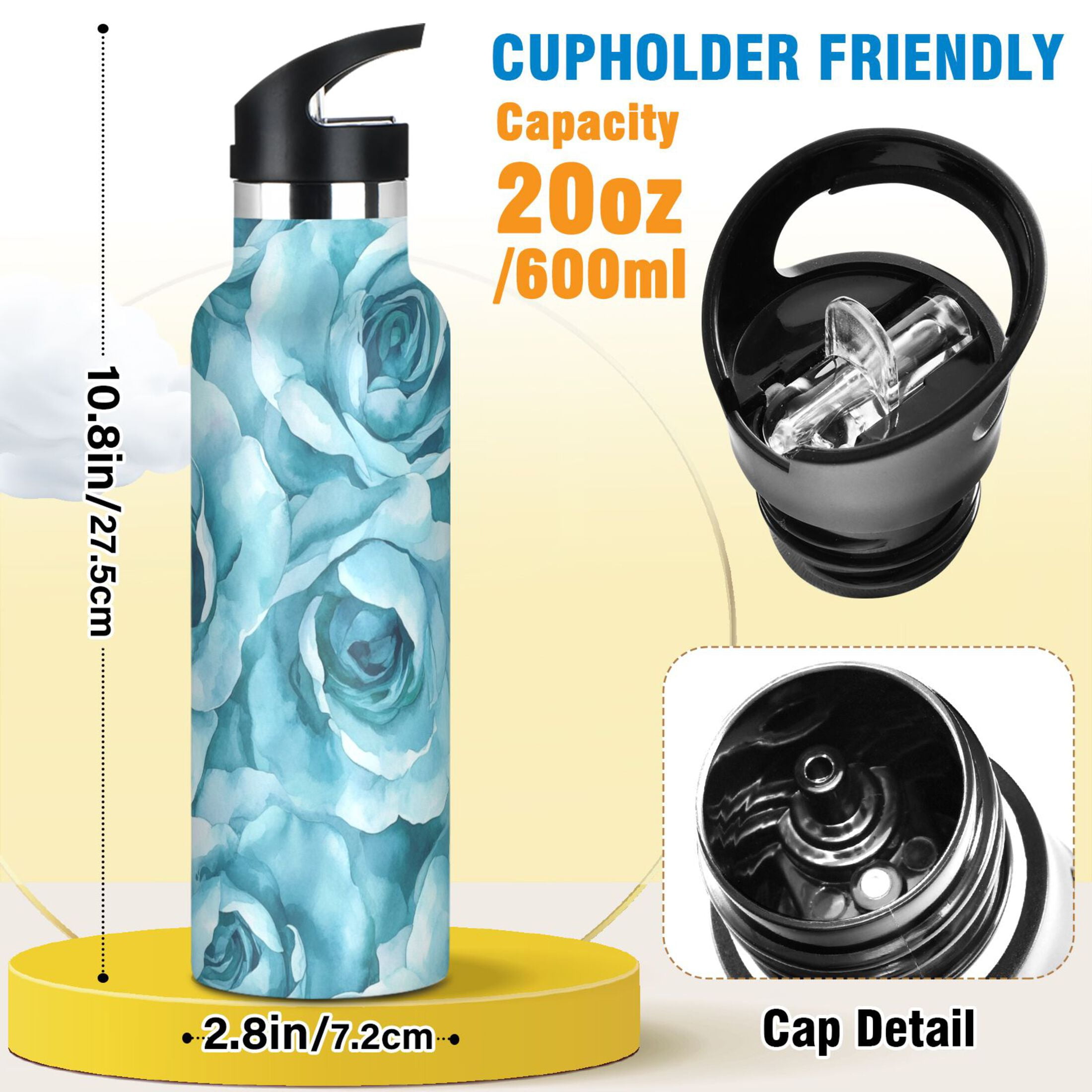 600ML Stainless Steel Insulated Cup Sports Water Bottle Portable Thermos Cup Water Glasses Insulated Tumblers Convenient and Durable Turquoise Roses Seamless