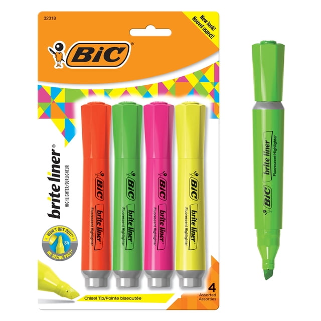 Highlighters BIC Brite Liner Grip XL con punta cincelada, paquete de 4 unidades